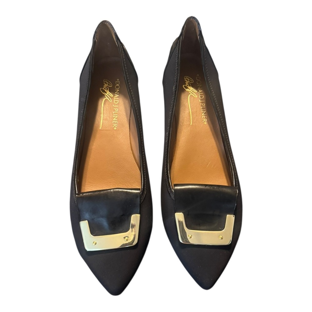 Donald‎ J Pliner Womens Nila Mini Wedge Flat 6.5 Black Suede Patent Gold Buckle - Picture 7 of 12